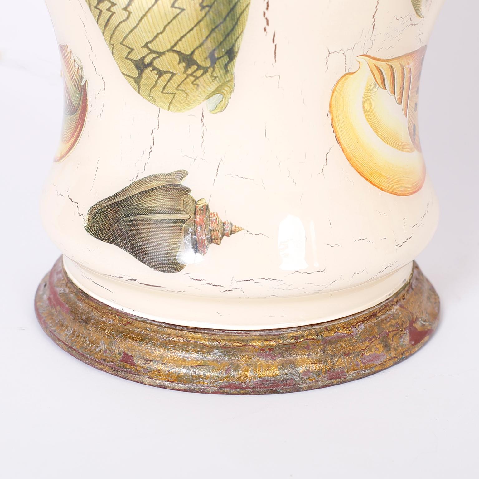 Giltwood Pair of Decoupage Sea Shell Table Lamps