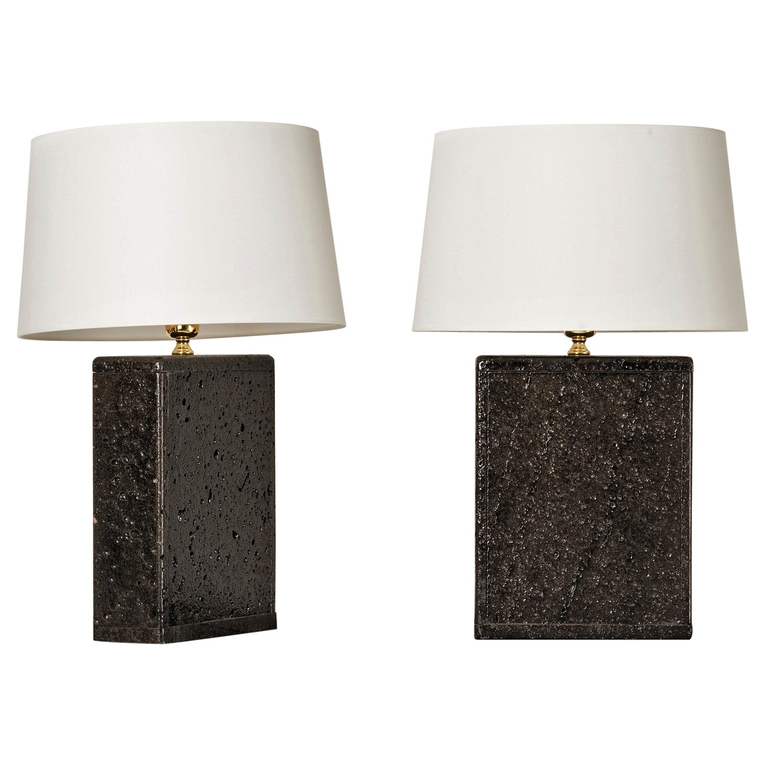 Pair of Deep Black Glazed Lava Stone Table Lamps, France, 1970
s