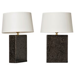 Vintage Pair of Deep Black Glazed Lava Stone Table Lamps, France, 1970's