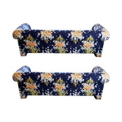 Pair of Deep Blue Floral Henredon Floral Sofas with Bench Seats