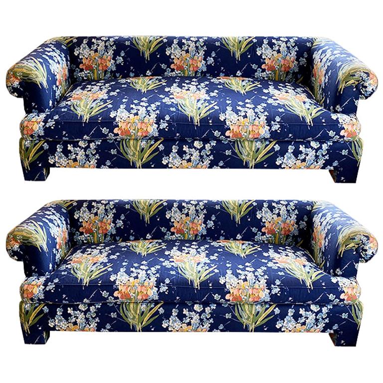 Pair of Deep Blue Floral Henredon Floral Sofas with Bench Seats