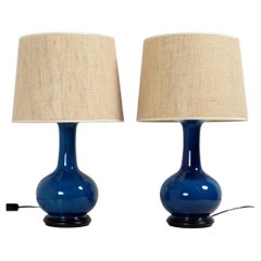 Paire de lampes de table en céramique bleu foncé, France, années 1970