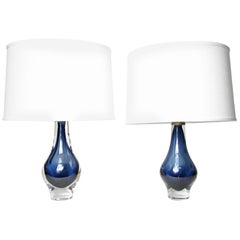 Pair of Deep Blue Mona Morales-Schildt Lamps for Kosta, Sweden, 1950