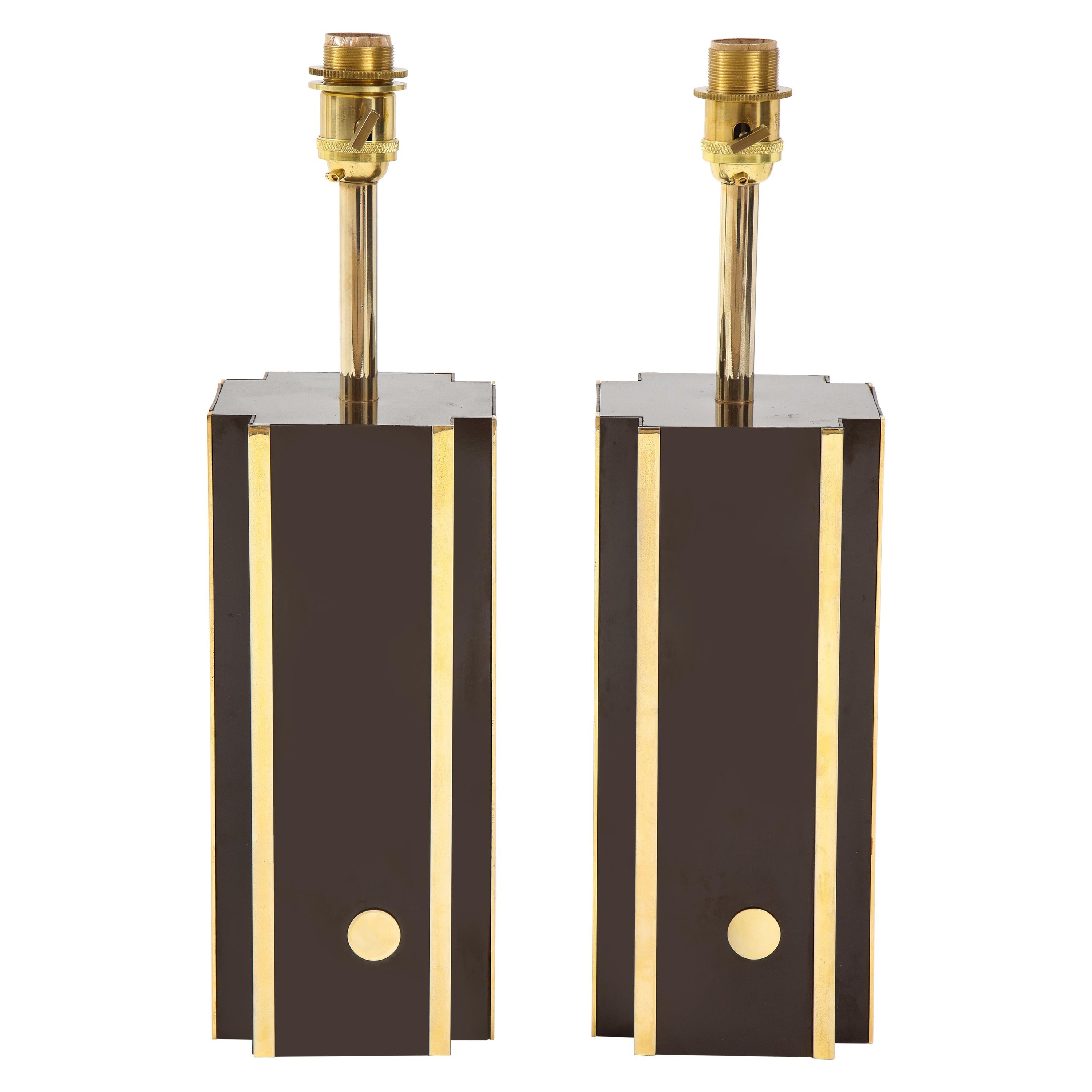 Pair of Deep Brown Laminate Table Lamps, France, 1970s