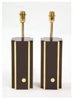 Pair of Deep Brown Laminate Table Lamps with Brass Accents, French 1970s
