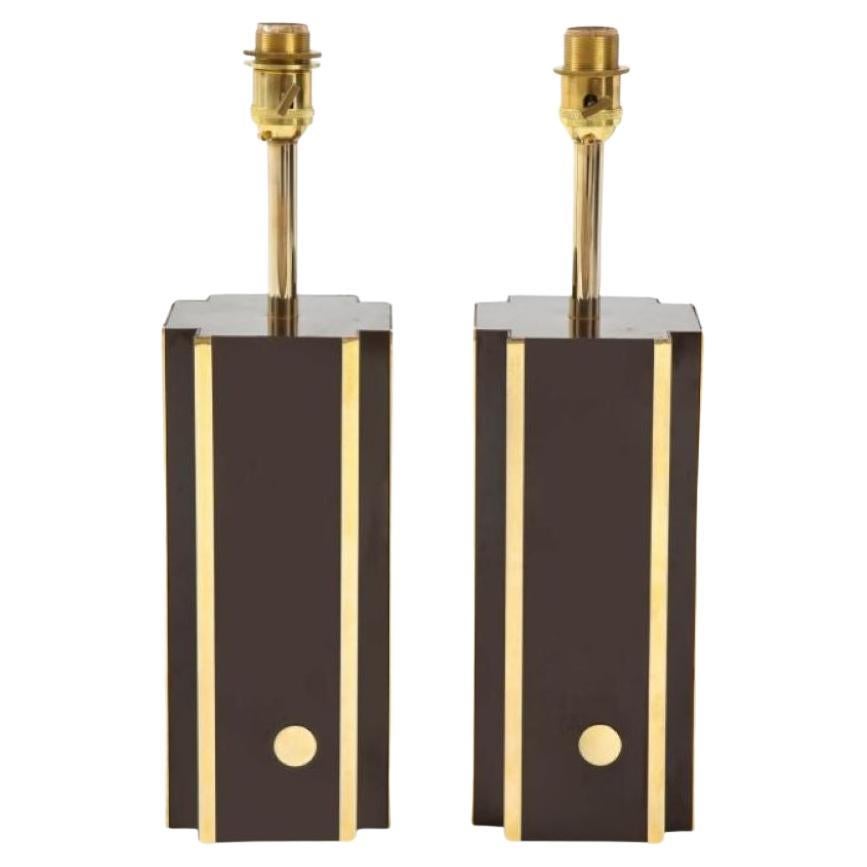 Pair of Deep Brown Laminate Table Lamps with Brass Accents, French 1970s