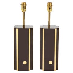 Vintage Pair of Deep Brown Laminate Table Lamps with Brass Accents, French 1970s