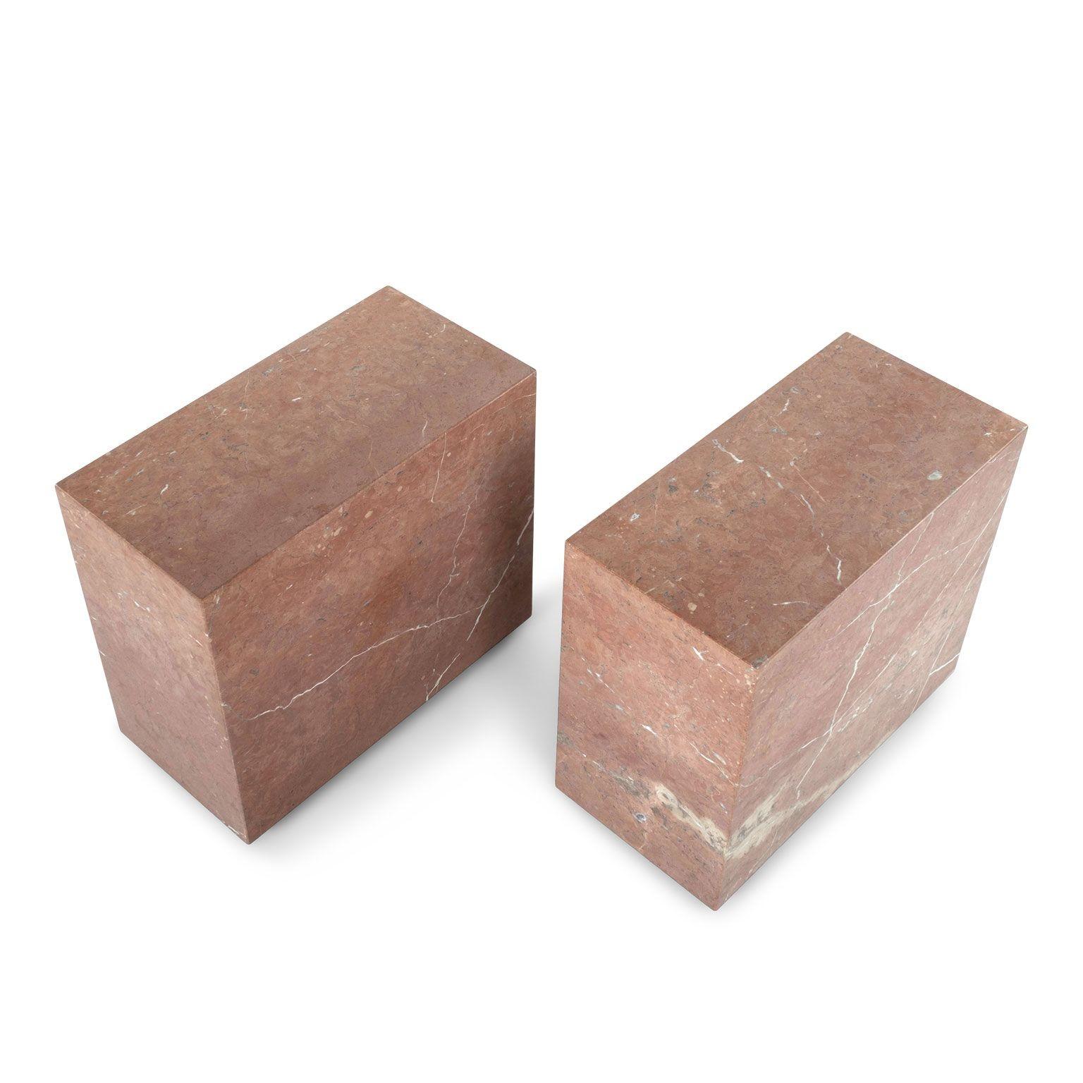 Pair of deep cube-shape end tables, or side tables, in Rojo Alicante marble. Sold together and priced $4,400 for the pair.