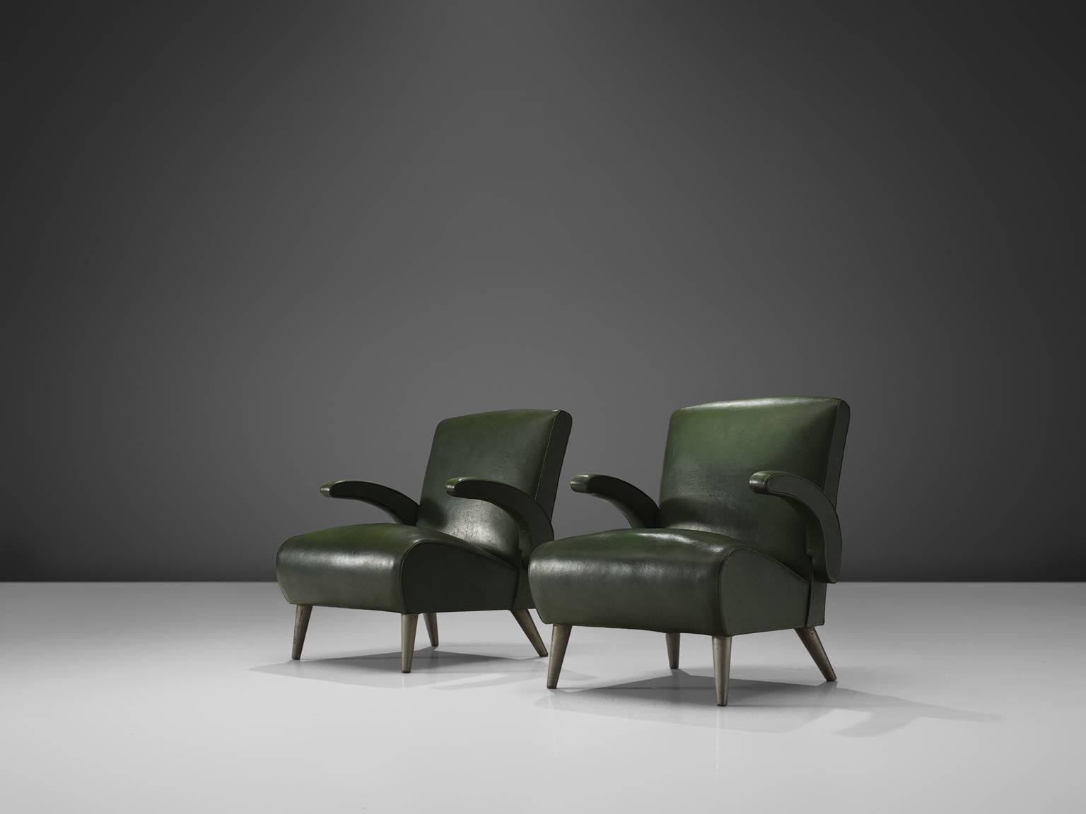 Mid-Century Modern Pair of Deep Green Leatherette Lounge Chairs
