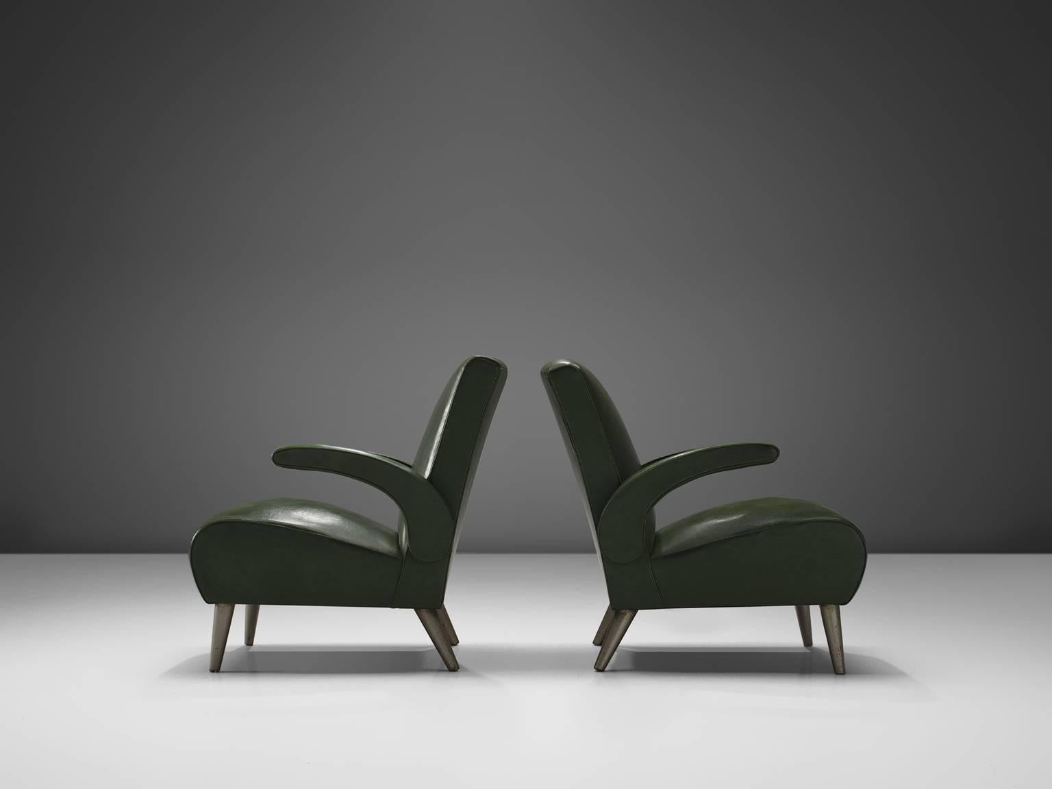 Italian Pair of Deep Green Leatherette Lounge Chairs