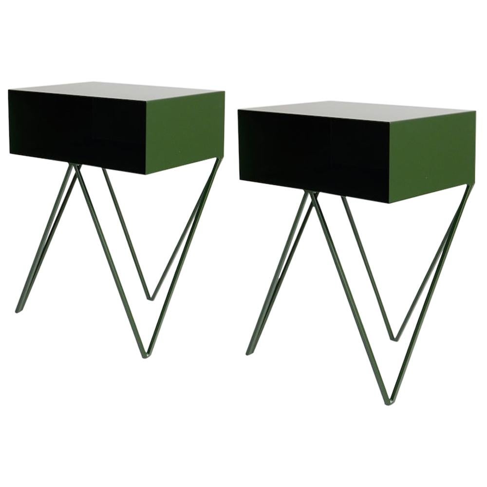 Pair of Deep Green Powder Coated Steel Robot Bedside Tables For Sale