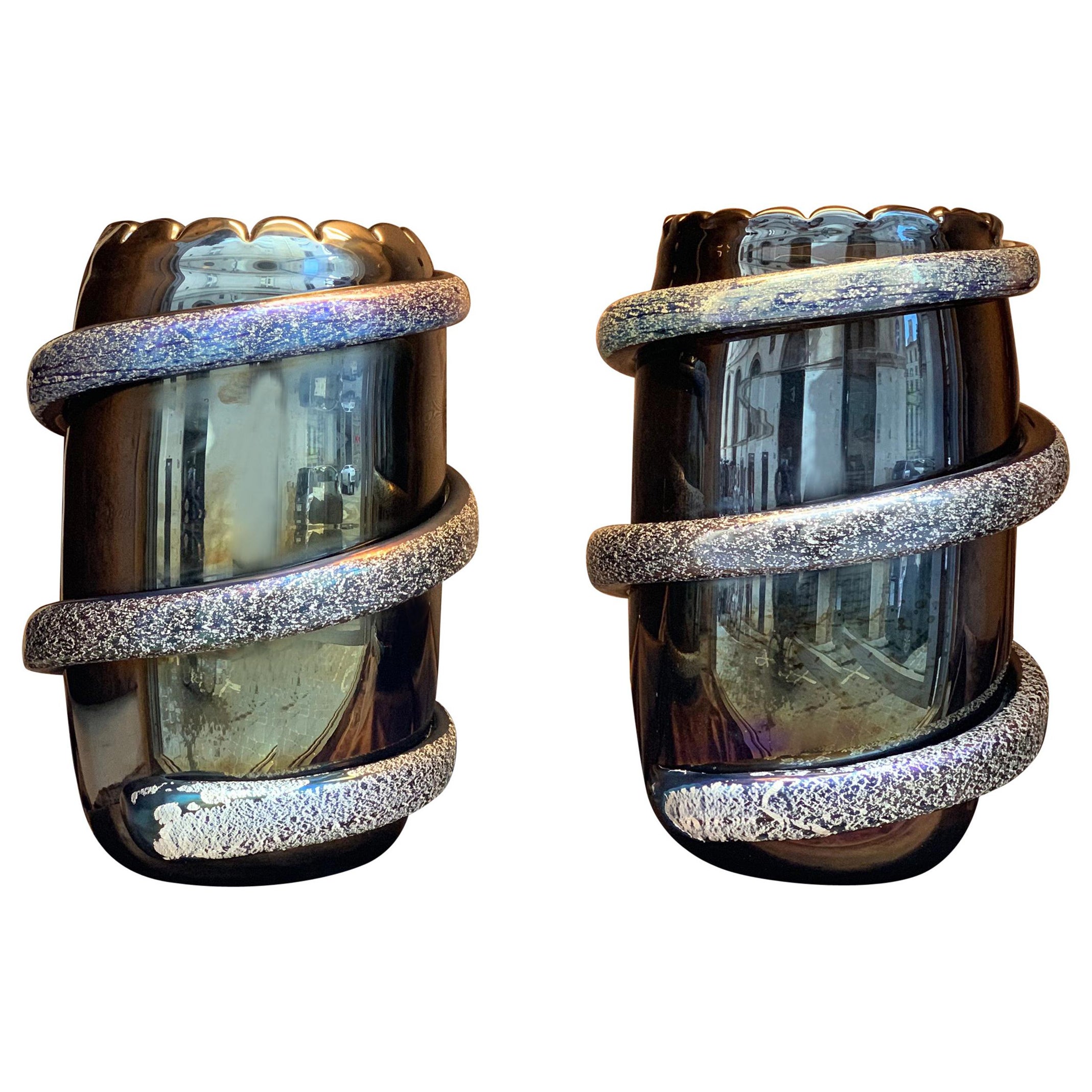 Pair of Deep Murano Glass Hand Blown Iredescent Vases Signed by Costantini 1980s