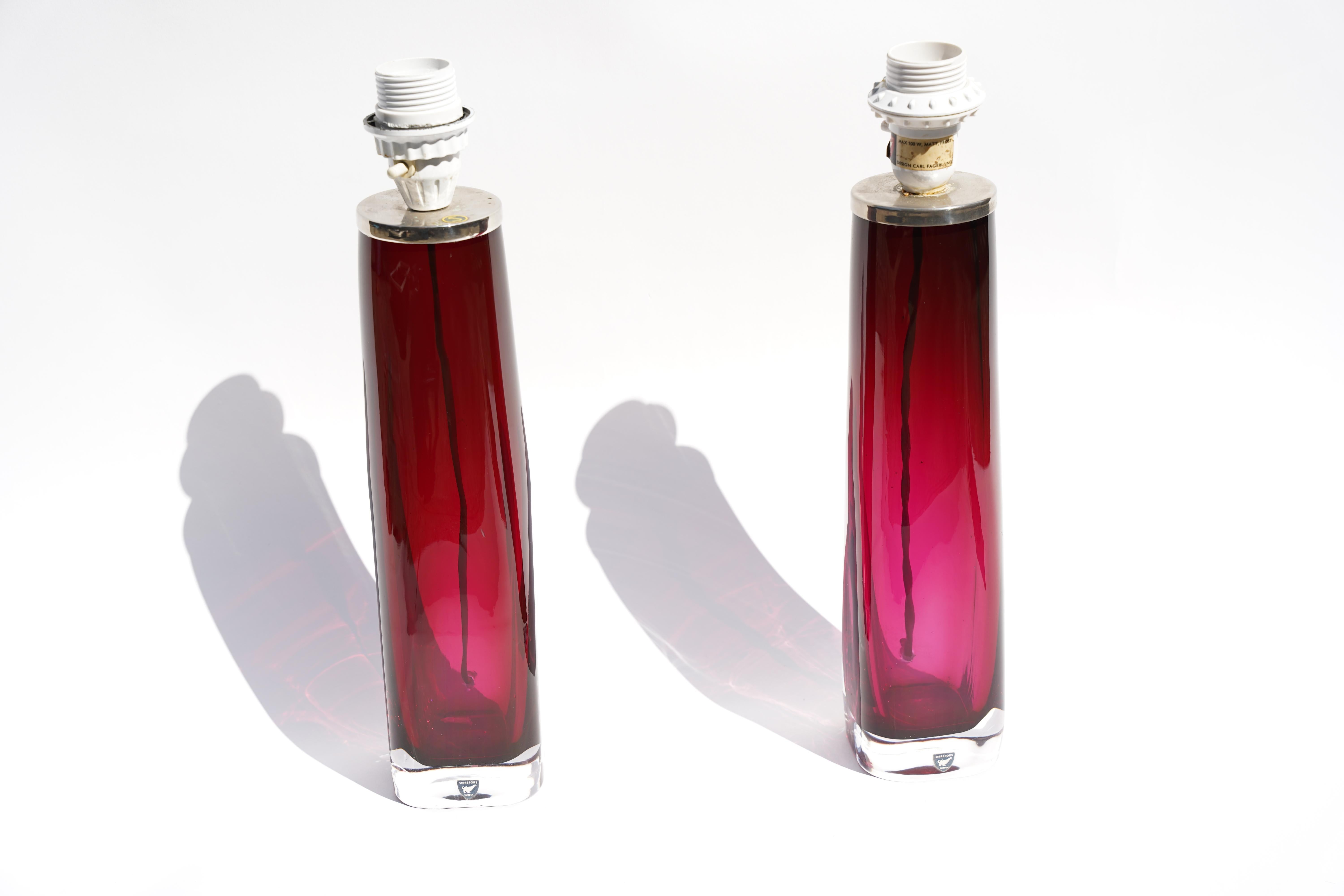 Mid-Century Modern Pair of deep pink Orrefors Lamps Design by Carl Fagerlund Orrefors, Sweden, 1970 For Sale
