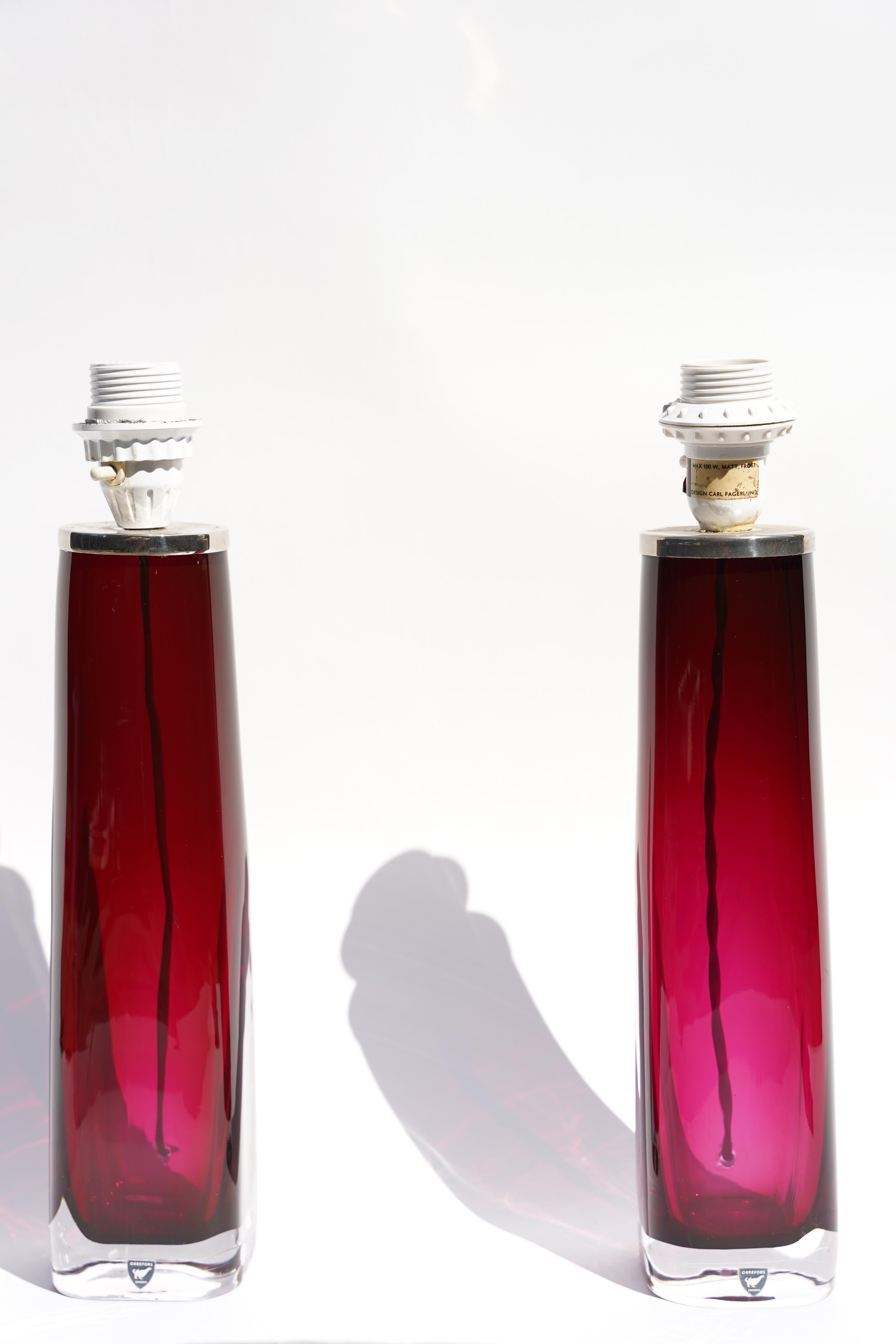 Pair of deep pink Orrefors Lamps Design by Carl Fagerlund Orrefors, Sweden, 1970 In Good Condition For Sale In Bronx, NY
