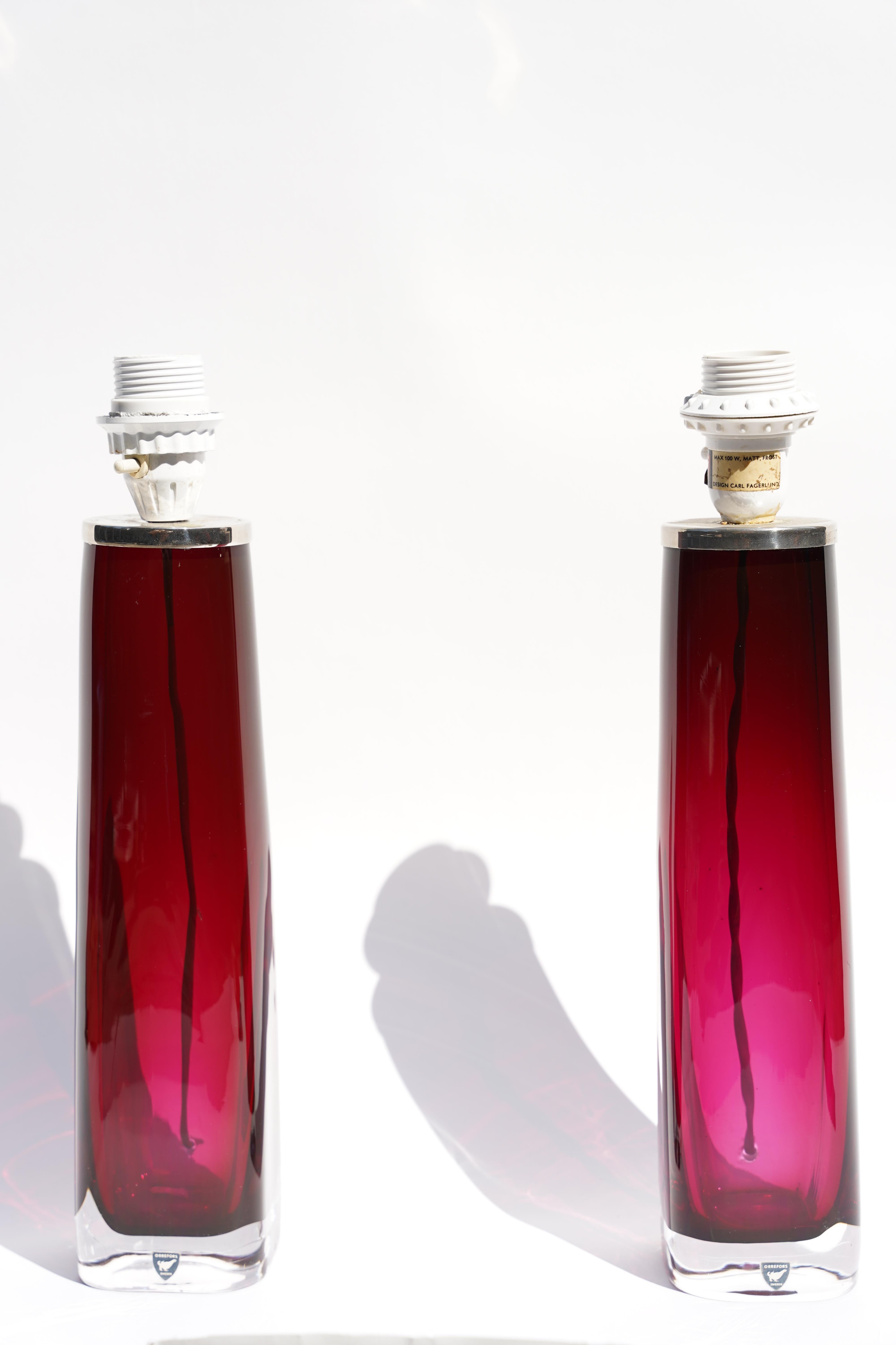 20th Century Pair of deep pink Orrefors Lamps Design by Carl Fagerlund Orrefors, Sweden, 1970 For Sale