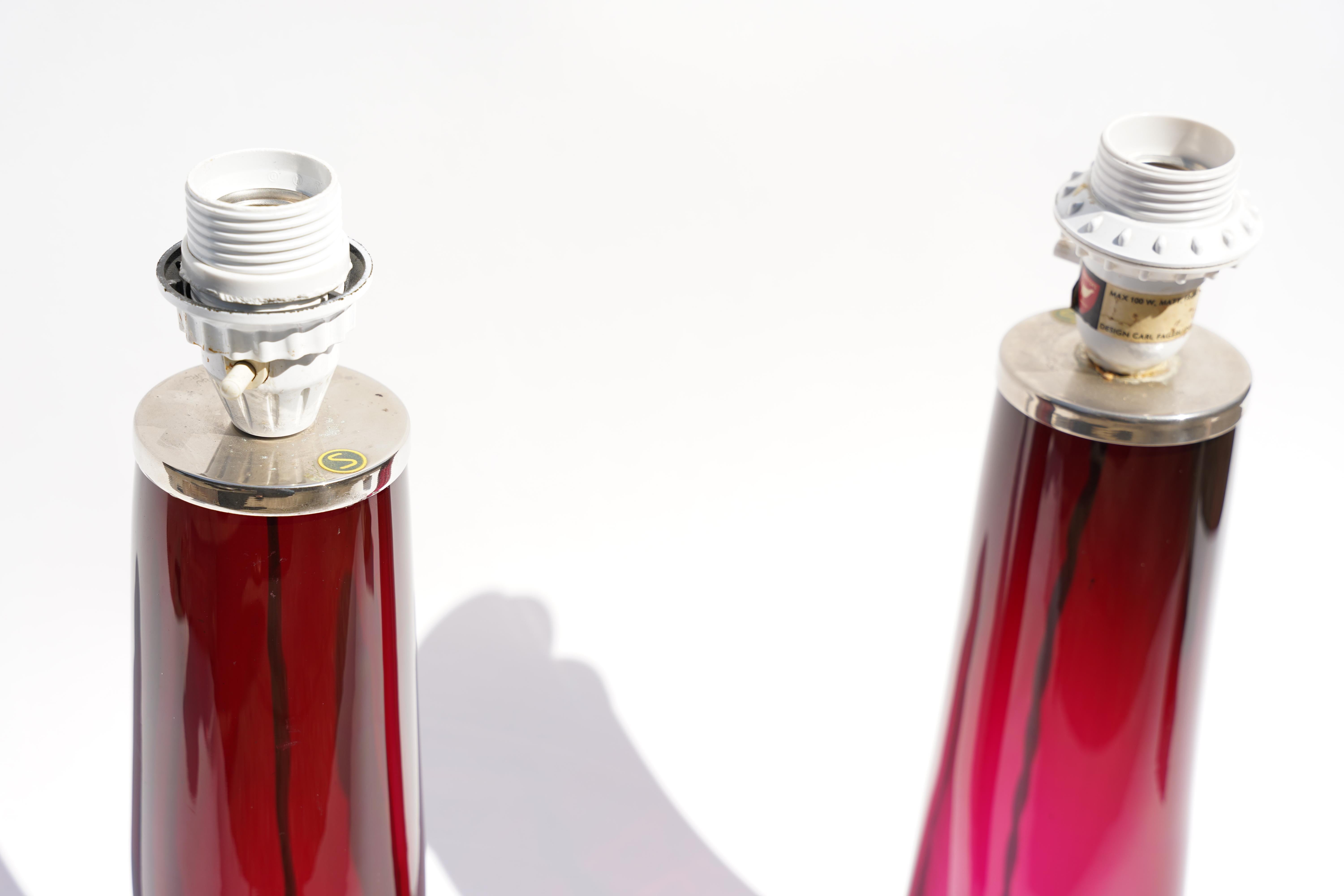 Glass Pair of deep pink Orrefors Lamps Design by Carl Fagerlund Orrefors, Sweden, 1970 For Sale