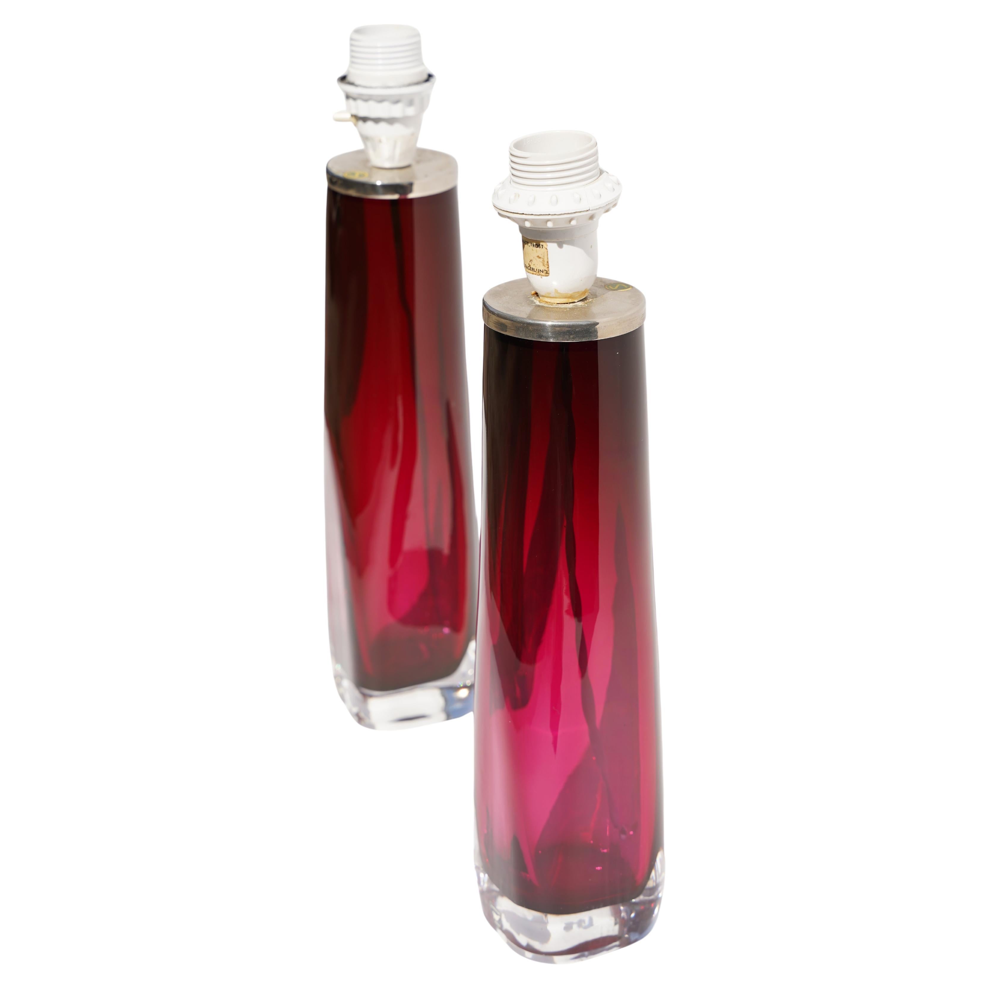 Pair of deep pink Orrefors Lamps Design by Carl Fagerlund Orrefors, Sweden, 1970 For Sale