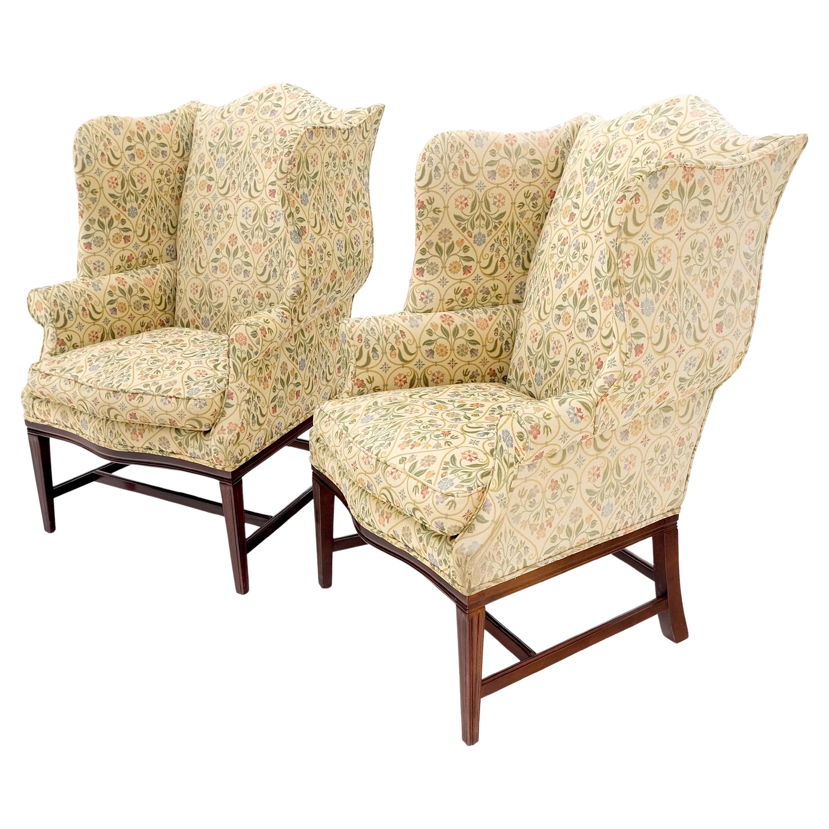 Pair of Deep Profile Antique Wing Arm Chairs Mahogany Legs Federal Style For Sale