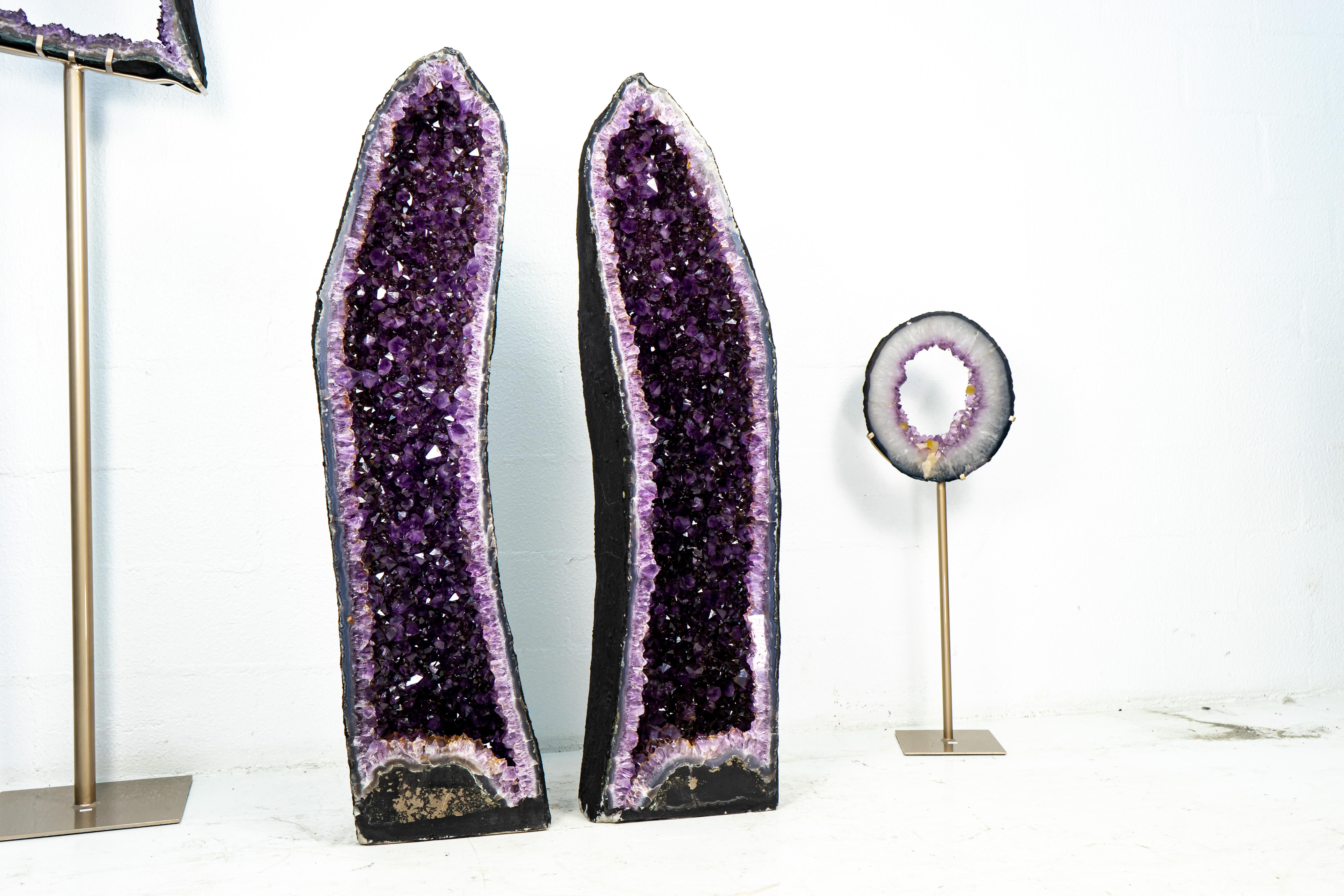 Brazilian Pair of Deep Purple X-Tall and Archway Amethyst Cathedrals For Sale