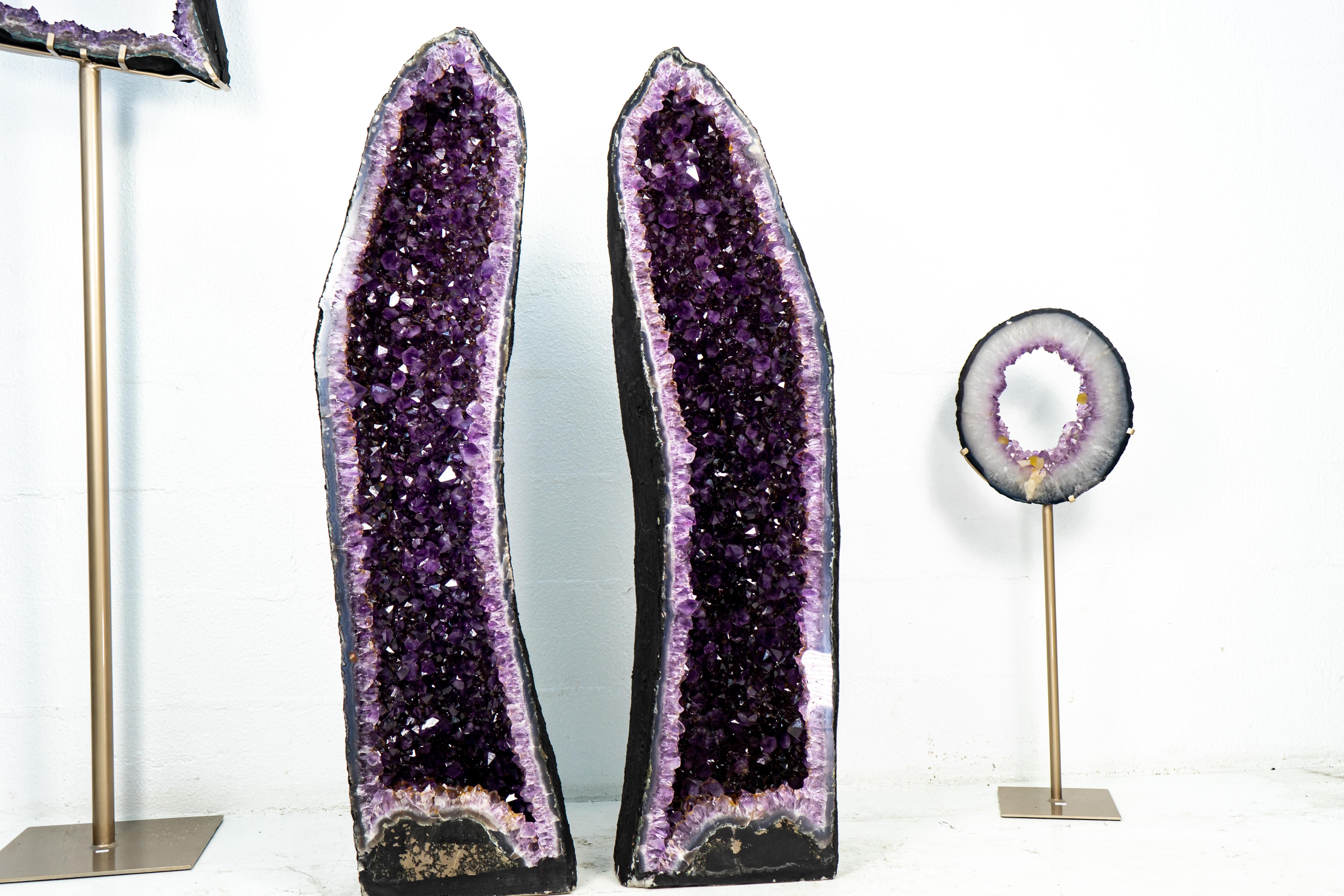 Contemporary Pair of Deep Purple X-Tall and Archway Amethyst Cathedrals For Sale