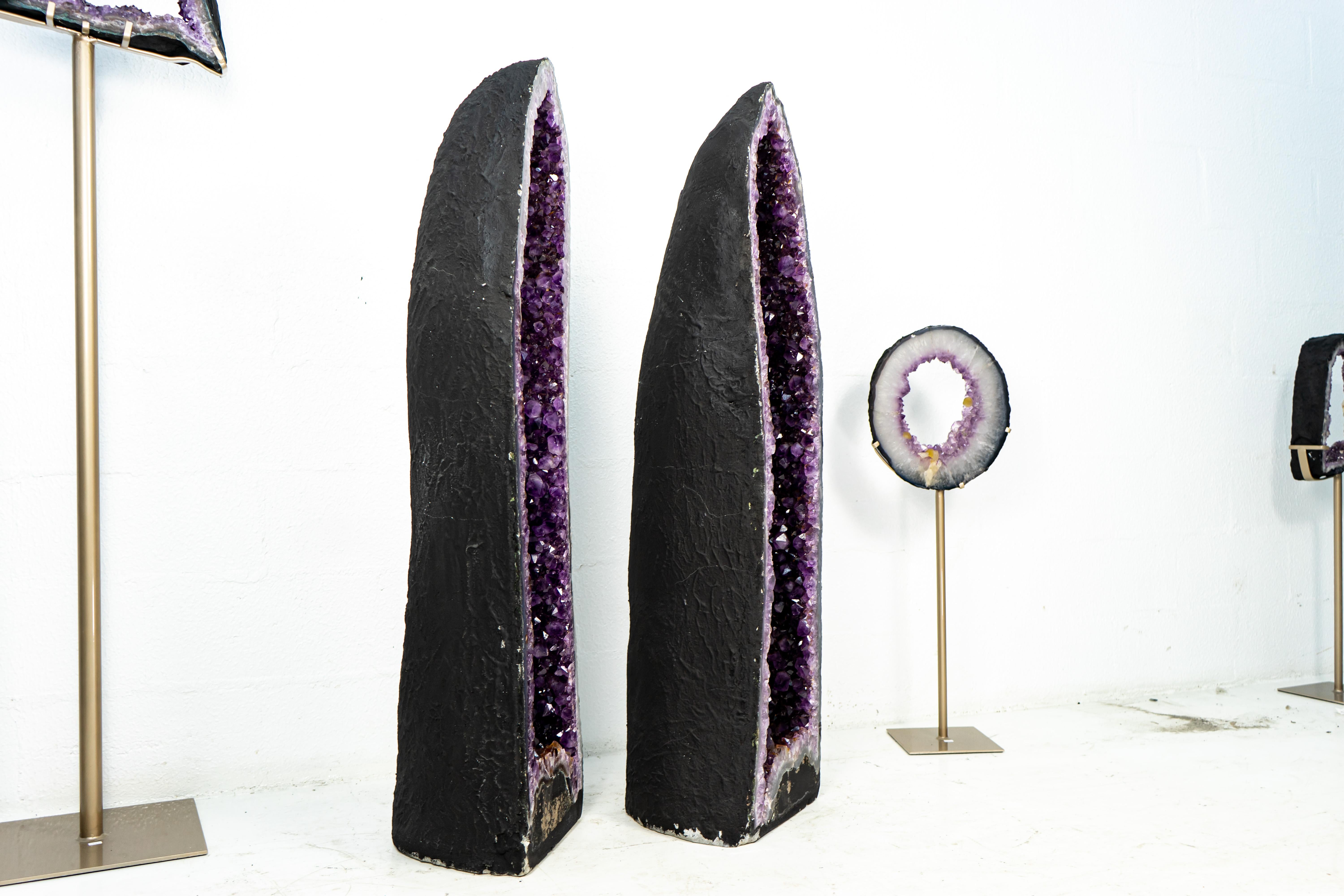 Crystal Pair of Deep Purple X-Tall and Archway Amethyst Cathedrals For Sale