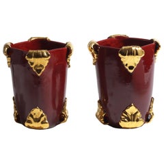Pair of Deep Red Glaze and 24ct Gold Leaves Majolica Vases, Italy, 21st Century