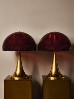Pair of Deep Red Plexiglass and Brass Table Lamps