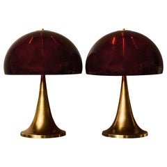Pair of Deep Red Plexiglass and Brass Table Lamps