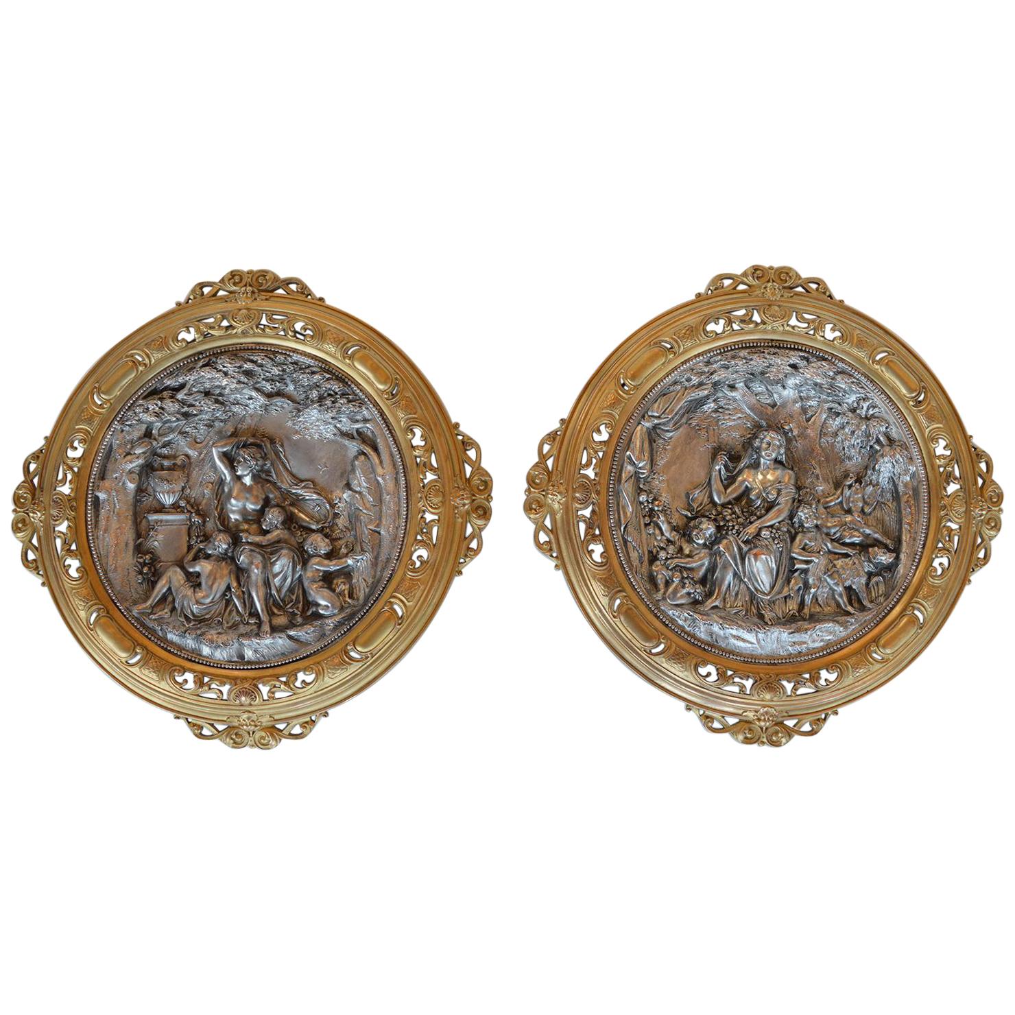 Pair of Deep Relief Figural Metal Wall Plaques, Late 19th Century For Sale