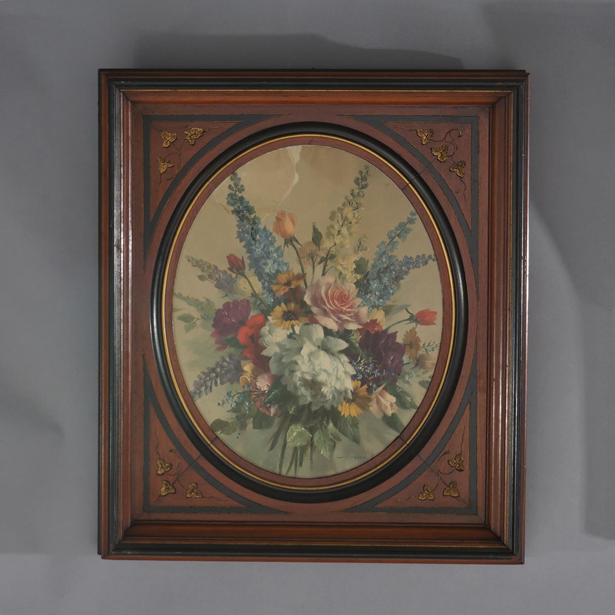 Coppia di cornici in noce scuro ebanizzate, incise e dorate che ospitano stampe floreali C1890 in vendita 4
