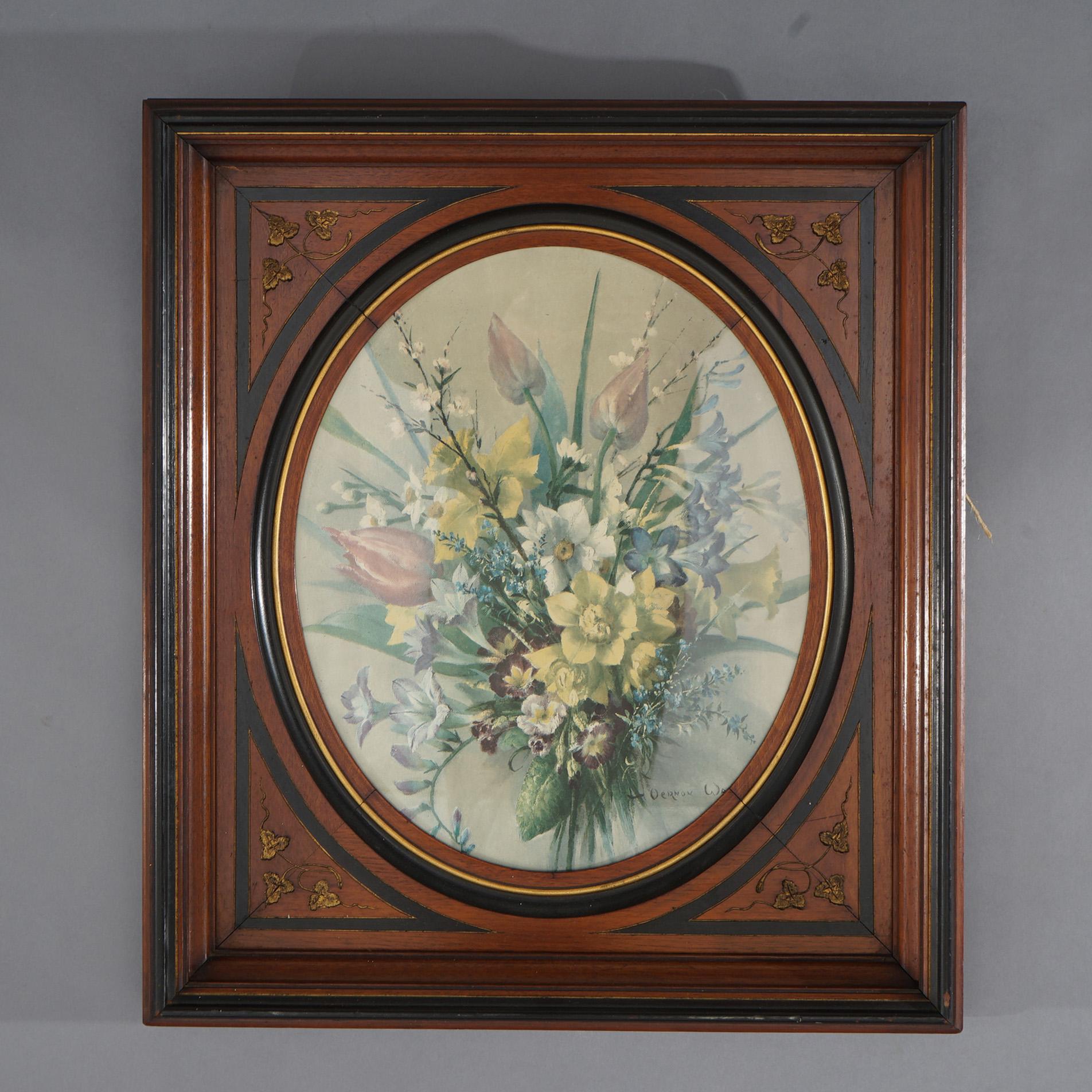XIX secolo Coppia di cornici in noce scuro ebanizzate, incise e dorate che ospitano stampe floreali C1890 in vendita