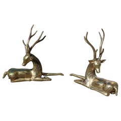 Pair of Deer Sculptures in Solid Midcentury Italian Design Brass Gold