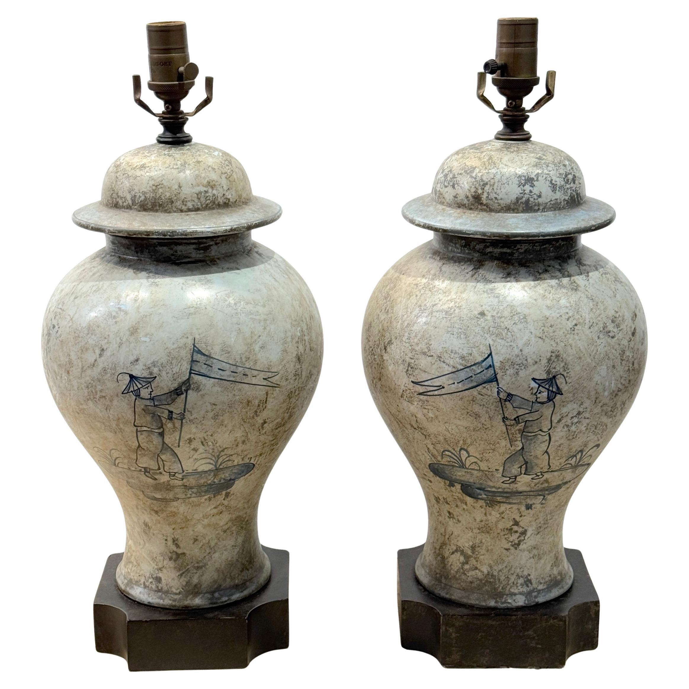 Pair of Deft-Style Chinoiserie Urn Lamps with Banner-Bearer Decoration For Sale