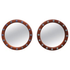 Coppia di specchi rotondi Deknudt con borchie in ceramica blu, Belgio, anni ’60