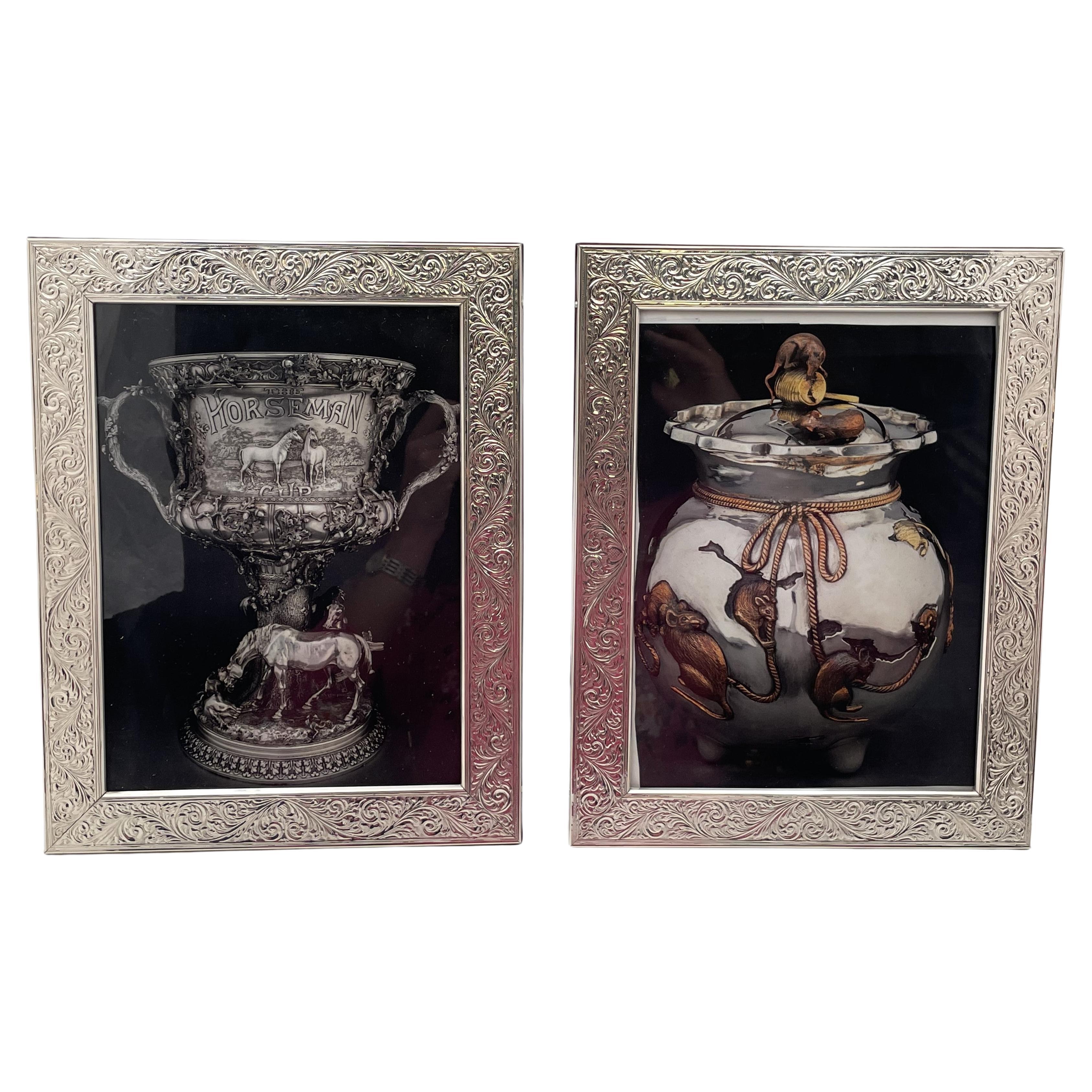 Pair of Del Conte Sterling Silver Picture Frames with Wood Back For Sale