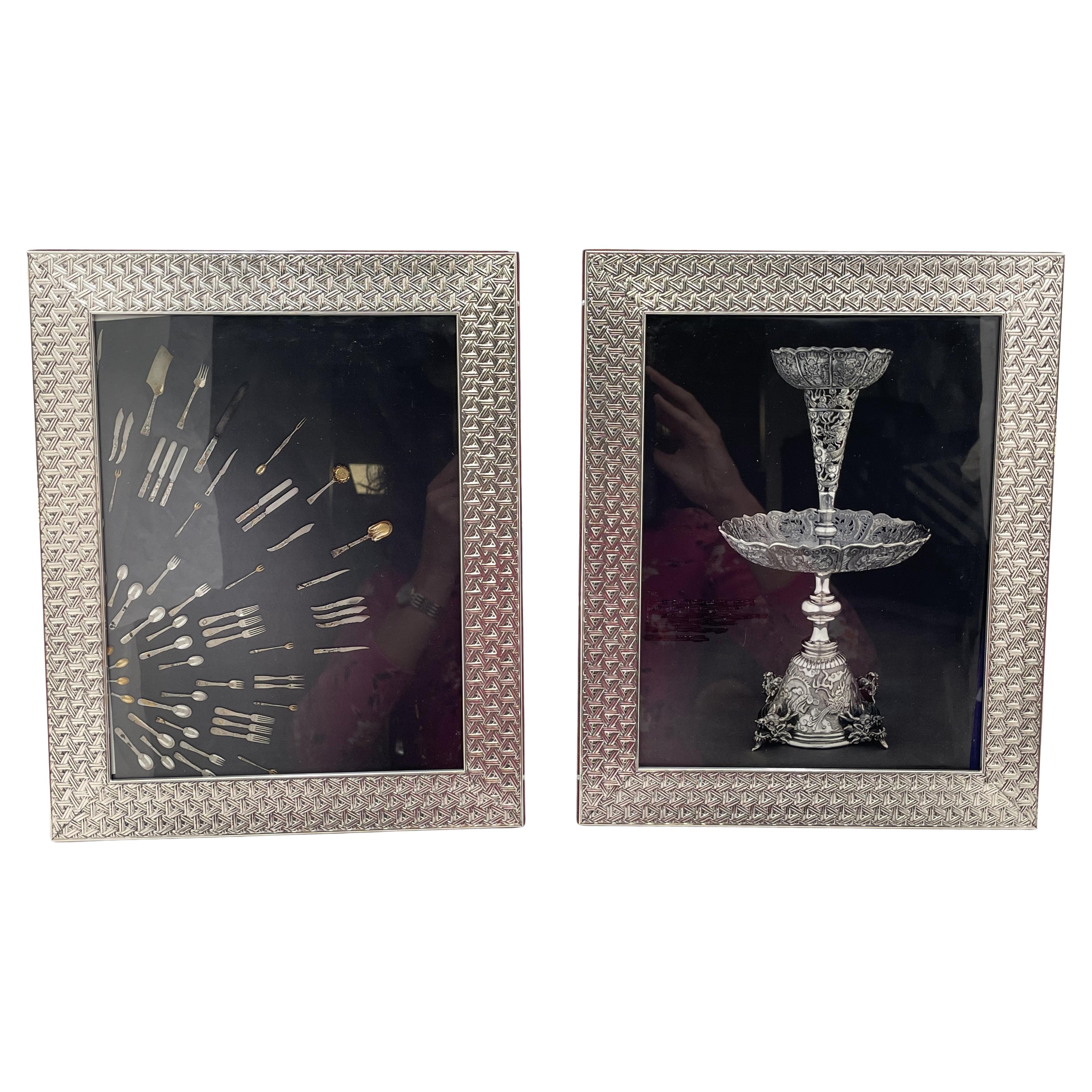 Pair of Del Conte Sterling Silver Triangular Weave Style Picture Frames with Woo For Sale