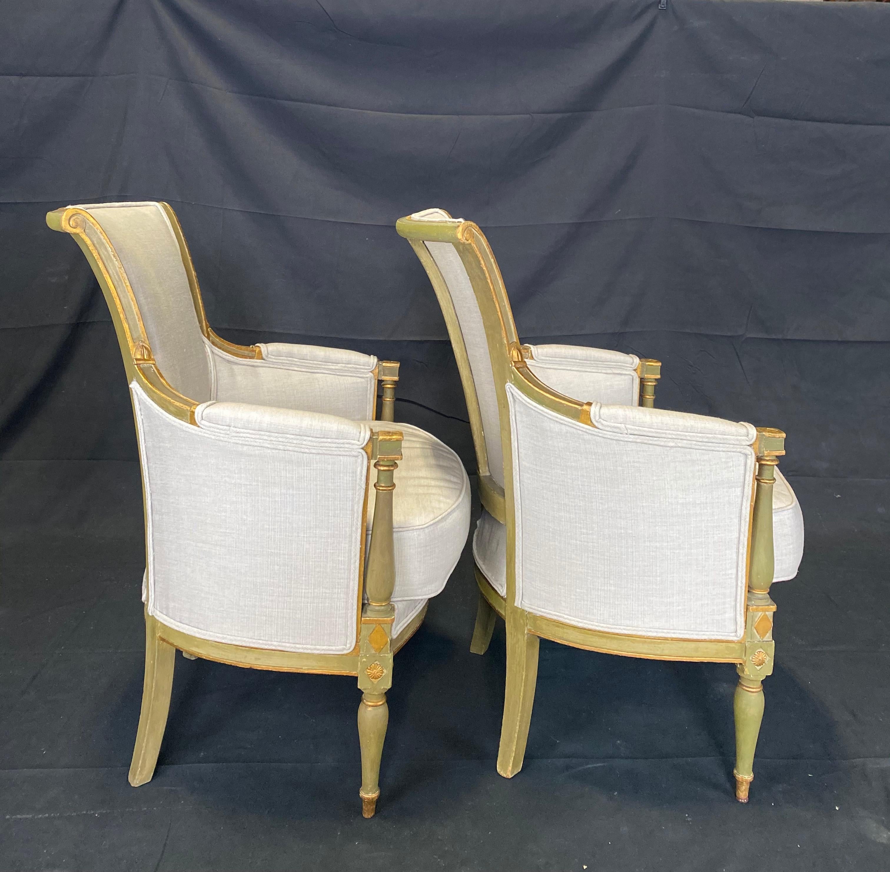 Louis XVI Pair of Delectable Early 19th Century Painted Neoclassical Armchair Bergères For Sale