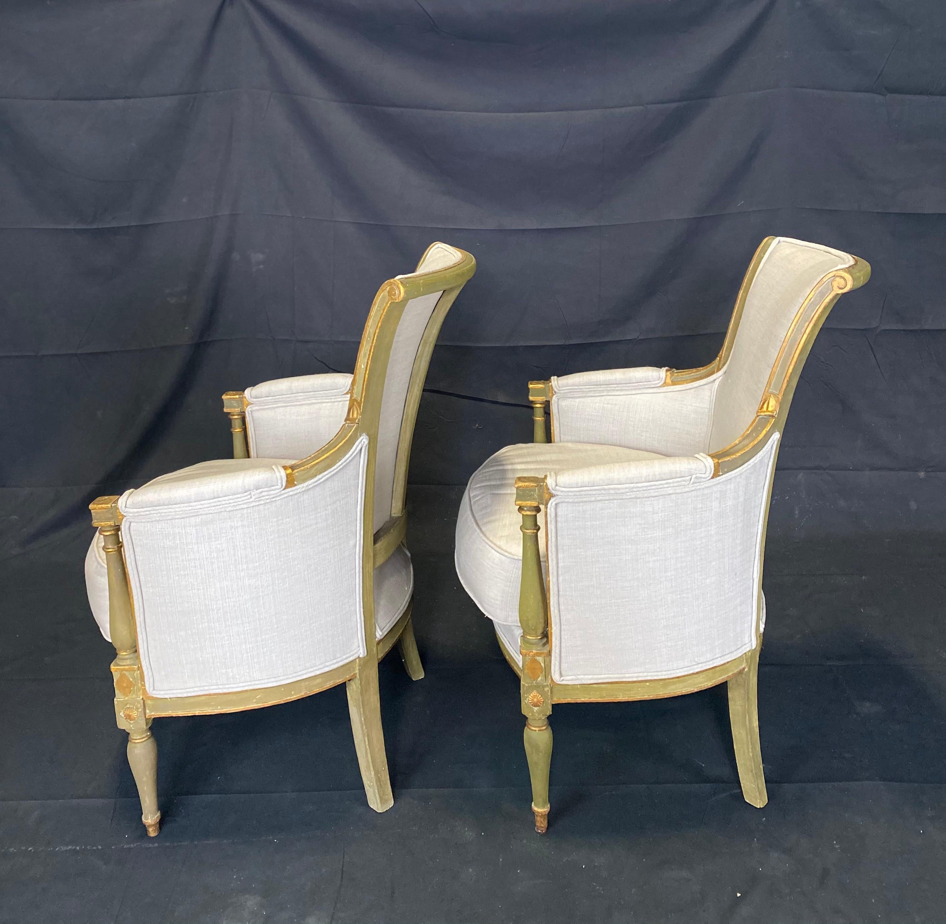 Pair of Delectable Early 19th Century Painted Neoclassical Armchair Bergères In Good Condition For Sale In Hopewell, NJ