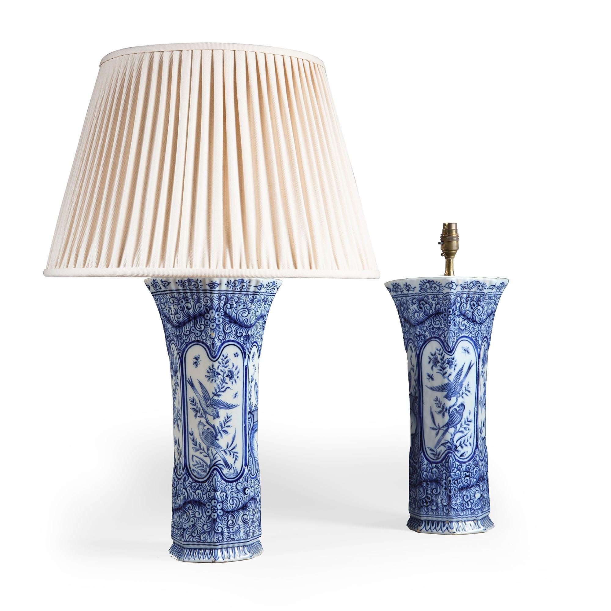 Rococo Pair of Delft Blue and White Trumpet Vases Mounted as Table Lamps