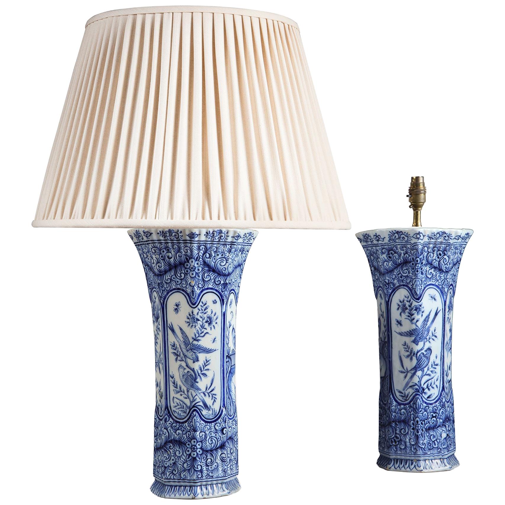 Pair of Delft Blue and White Trumpet Vases Mounted as Table Lamps