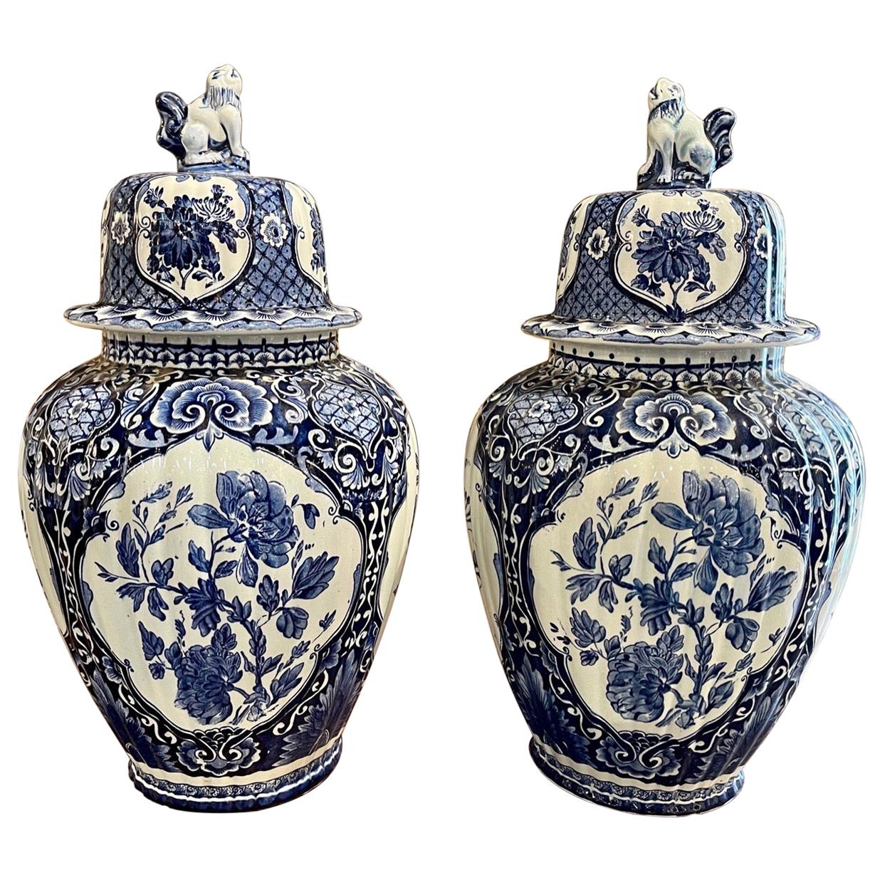 Pair of Delft Blue Porcelain Lidded Vases