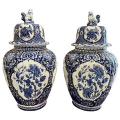 Pair of Delft Blue Porcelain Lidded Vases