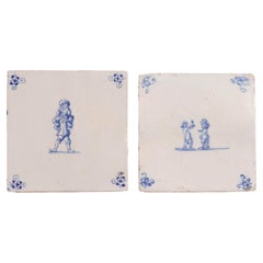 Pair of Delft double figure faience tiles in cobalt blue, c. 1600’s