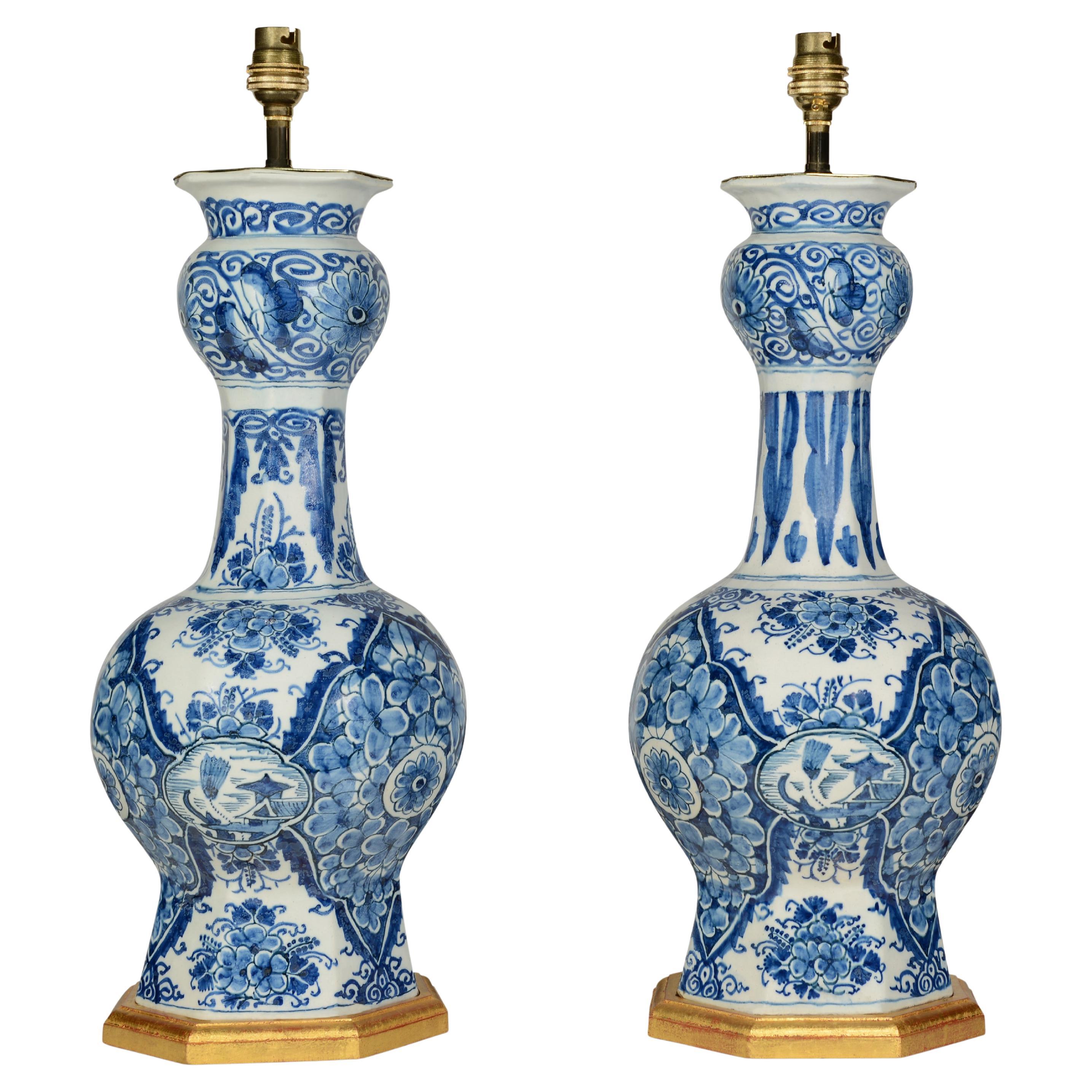 Pair of Delft Dutch Blue and White Mid 19th Century Table Lamps