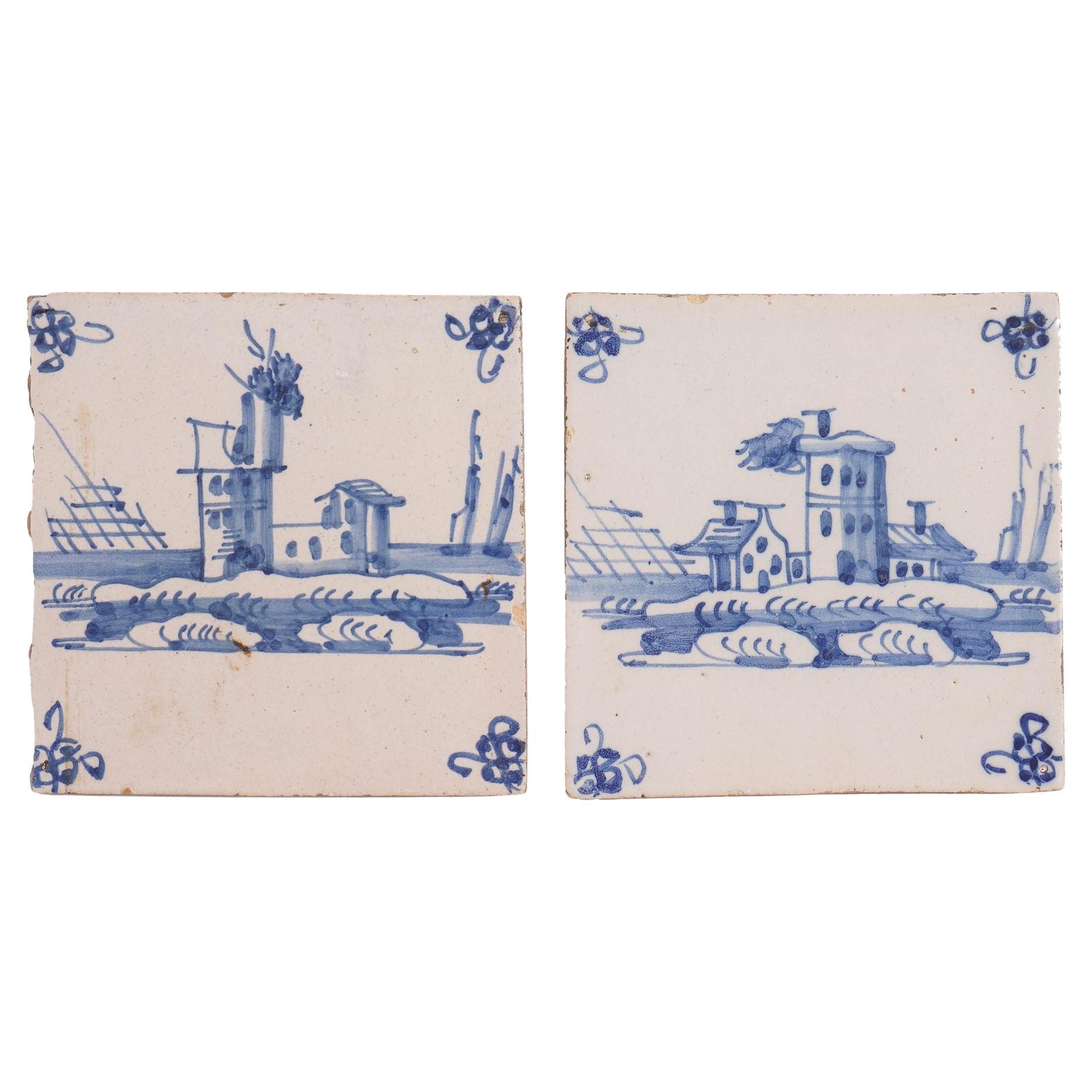 Pair of Delft faience tiles in cobalt blue, c. 1700's