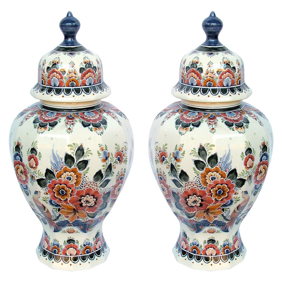 Pair of Delft Hand Painted Covered Jars Signed by the Artist P. Verhoeve