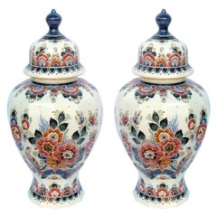 Pair of Delft Hand Painted Covered Jars Signed by the Artist P. Verhoeve