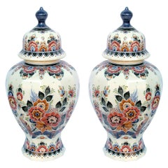 Pair of Delft Hand Painted Covered Jars Signed by the Artist P. Verhoeve