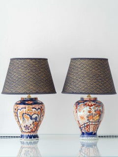 Pair of Delft Imari Table Lamps by Jaap Heinen with Japanese Block-Print Shades
