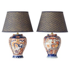 Pair of Delft Imari Table Lamps by Jaap Heinen with Japanese Block-Print Shades